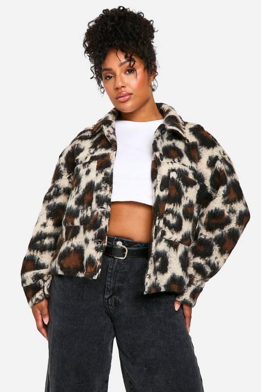 Plus Leopard Collared Wool Jacket by BOOHOO