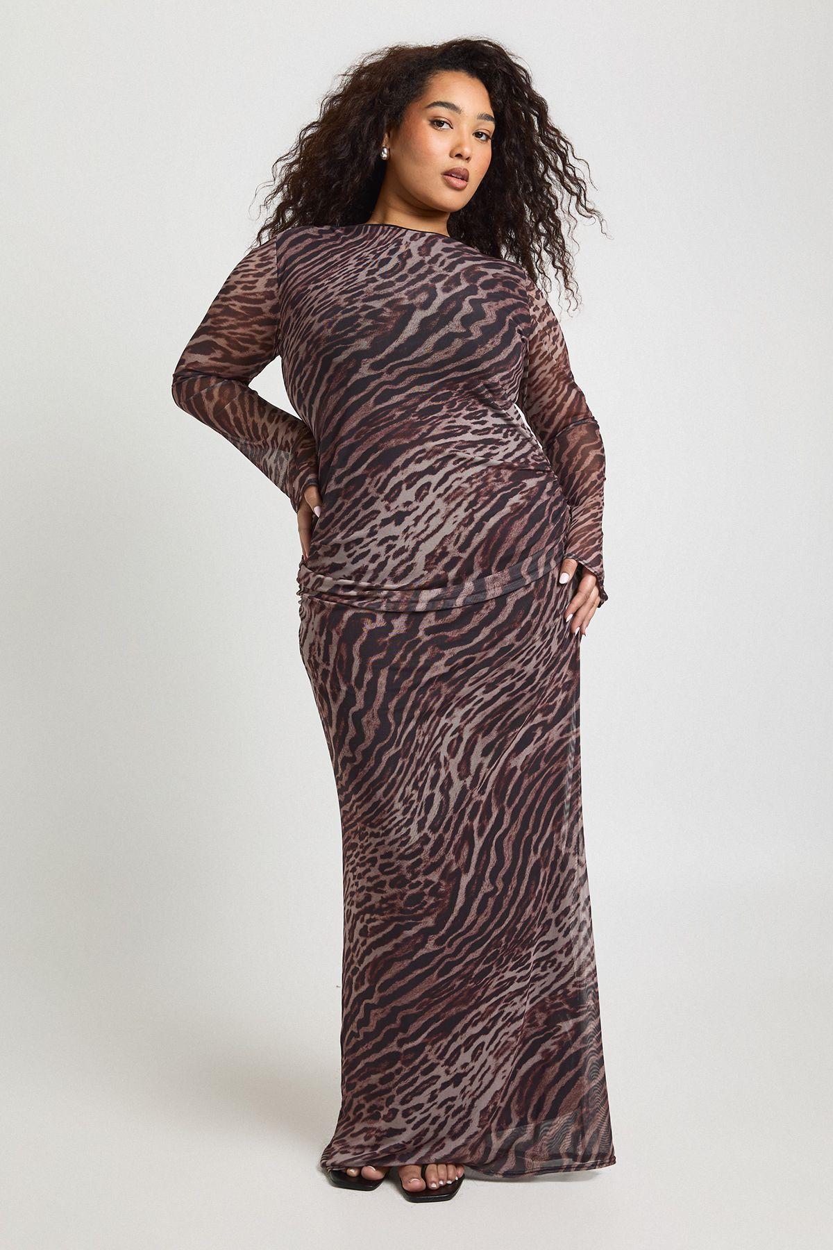 Plus Leopard Mesh Long Sleeve Maxi Dress by BOOHOO