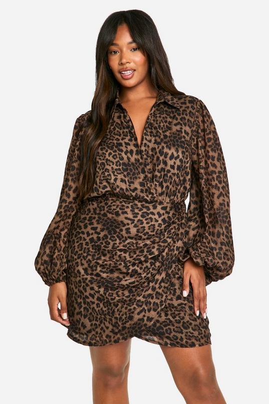 Plus Leopard Print Blouson Sleeve Wrap Dress by BOOHOO