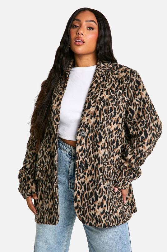 Plus Leopard Print Shoulder Pad Detail Wool Look Blazer by BOOHOO