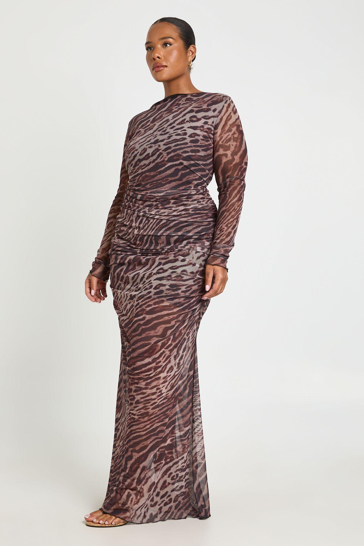 Plus Leopard Ruched Mesh Maxi Dress by BOOHOO