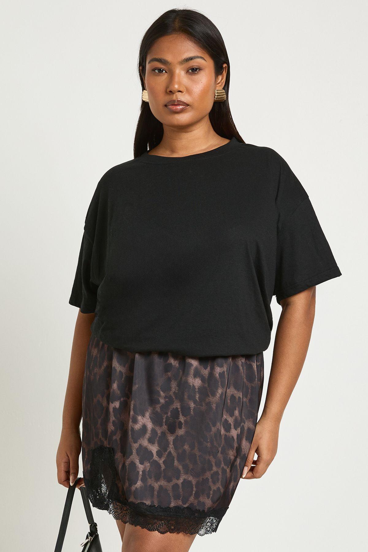 Plus Leopard Satin Lace Trim Mini Skirt by BOOHOO