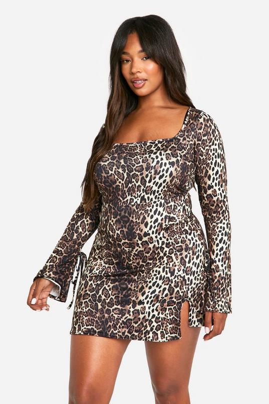 Plus Leopard Tie Cuff Mini Shift Dress by BOOHOO