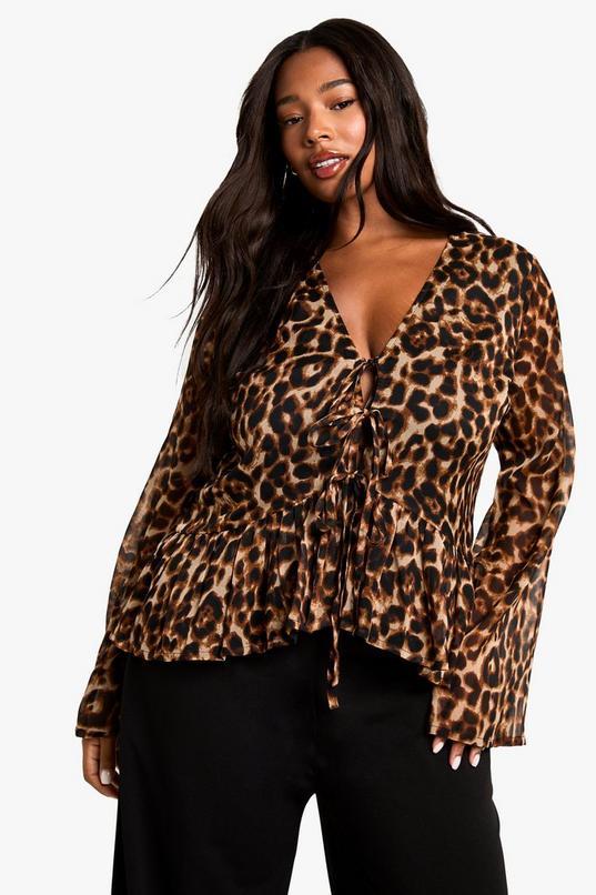 Plus Leopard Tie Front Ruffle Blouse by BOOHOO