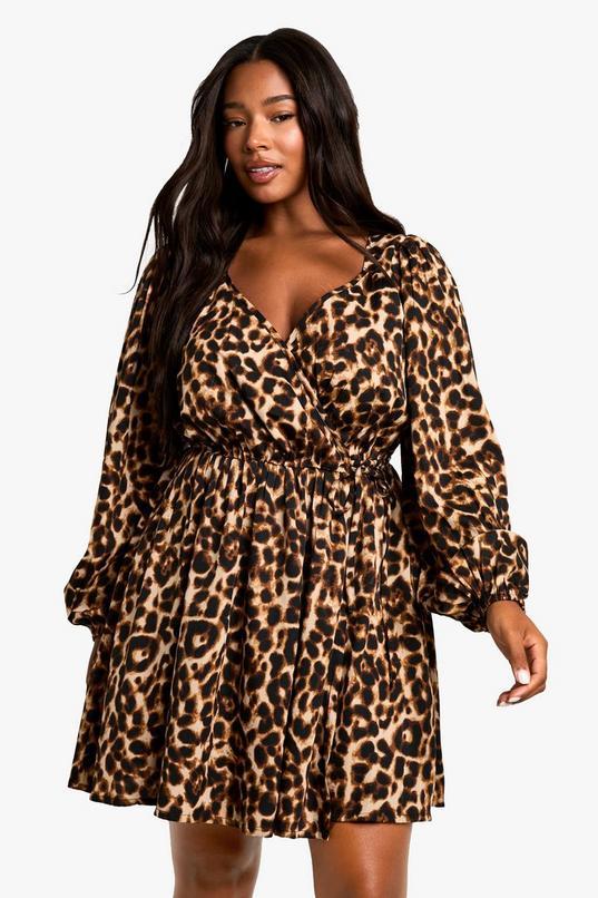 Plus Leopard Wrap Smock Dress by BOOHOO