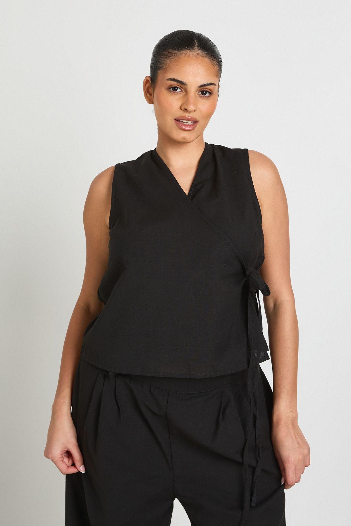 Plus Linen Boxy Wrap Over Waistcoat And Wide Leg Trouser by BOOHOO