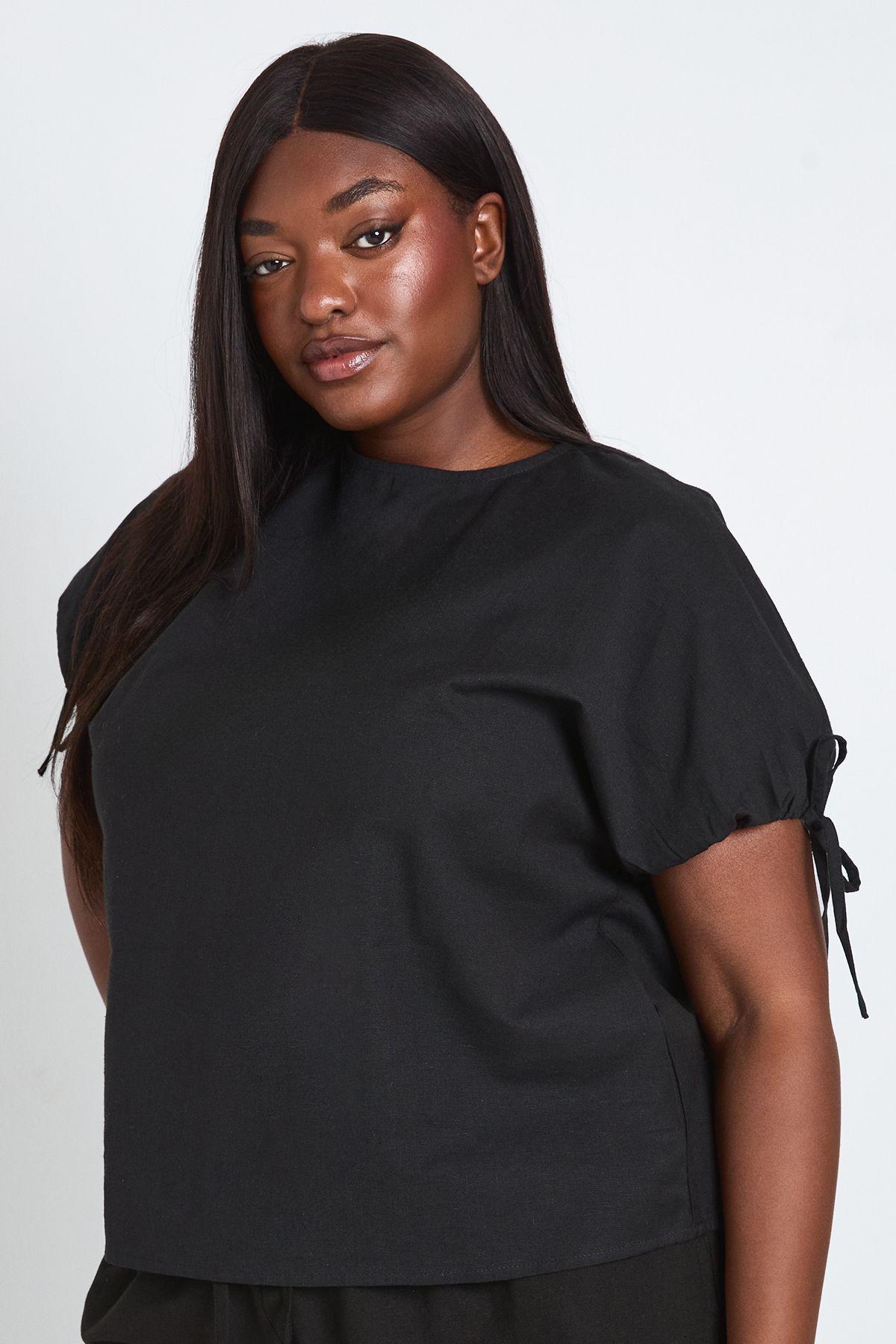 Plus Linen Cuff Tie Detail Top by BOOHOO
