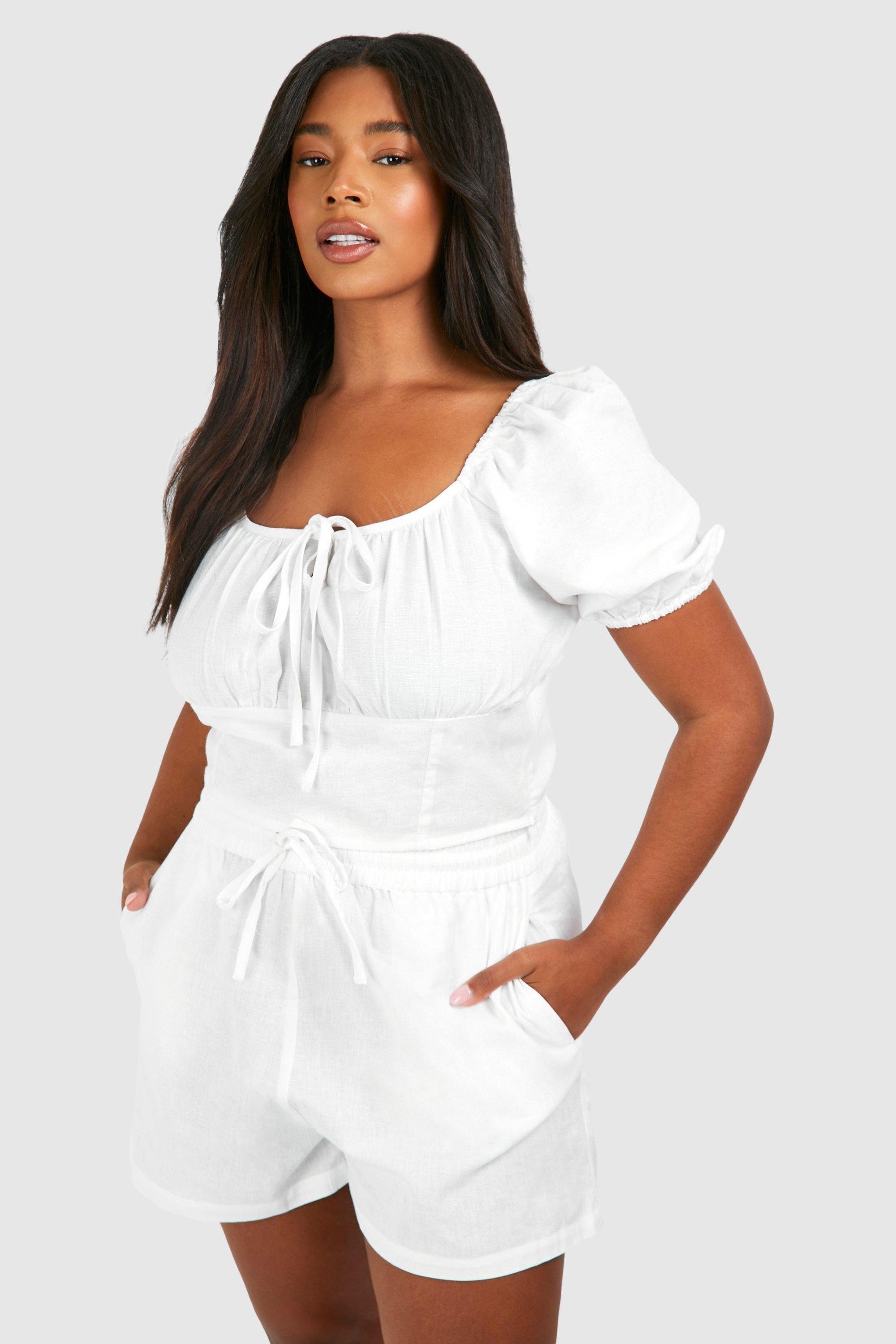 Plus Linen Feel Puff Sleeve Ruched Bust Crop Top by BOOHOO