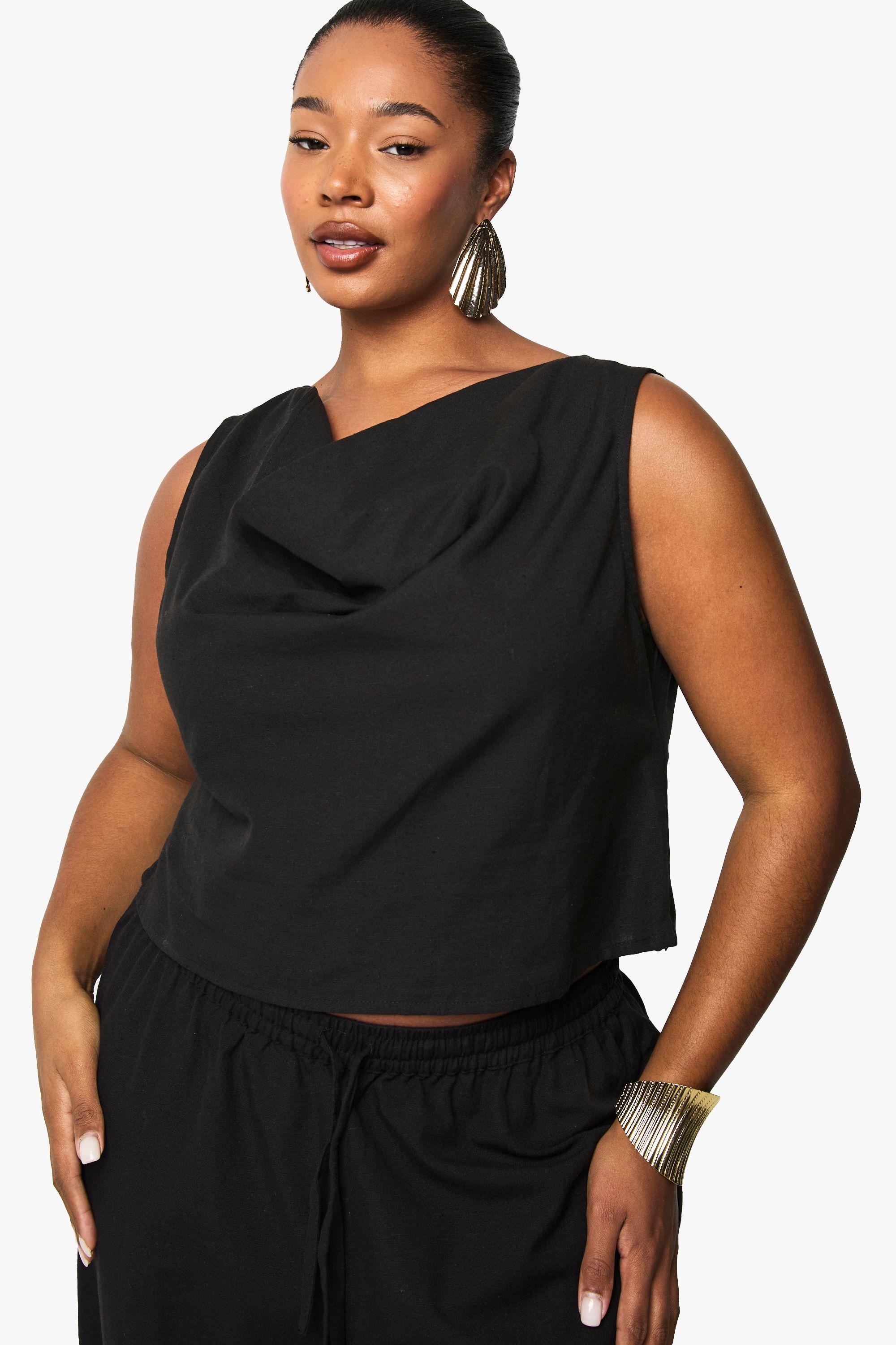 Plus Linen Look Cowl Neck Crop Top by BOOHOO