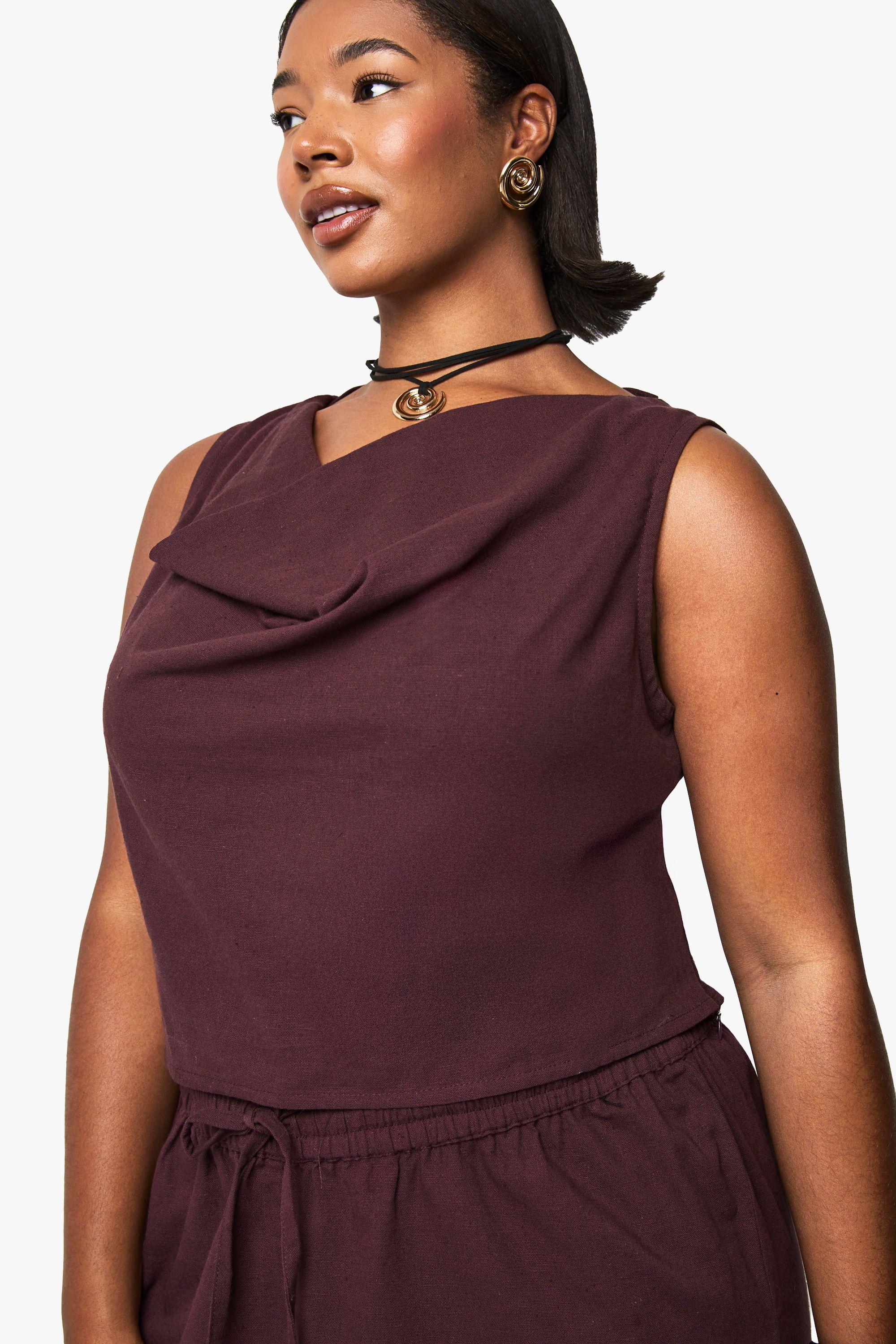 Plus Linen Look Cowl Neck Crop Top by BOOHOO