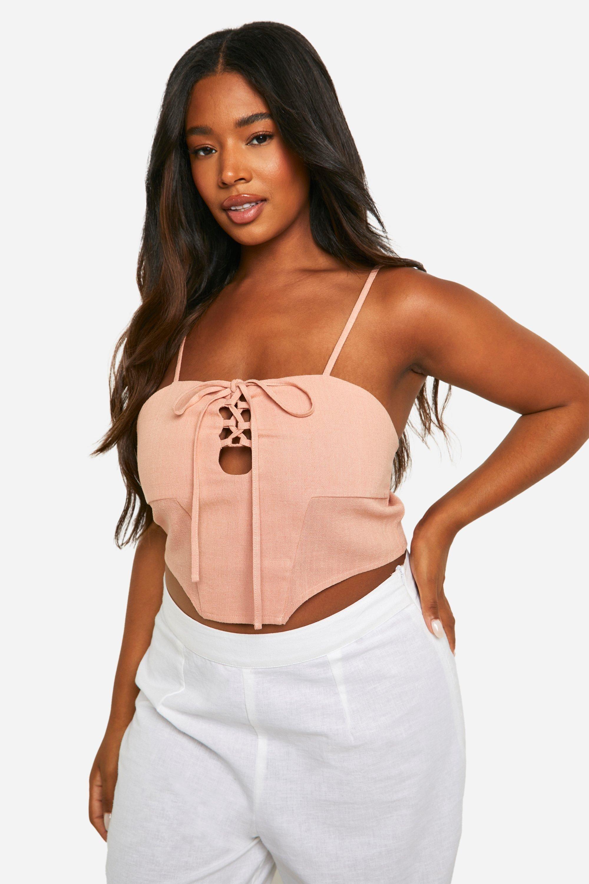 Plus Linen Look Lace Up Corset Top by BOOHOO