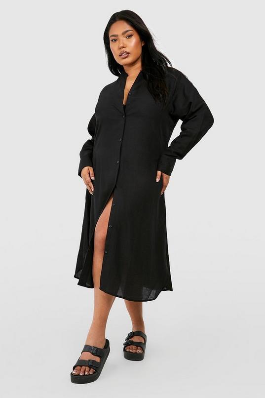 Plus Linen Look Midi Shirt Dress by BOOHOO