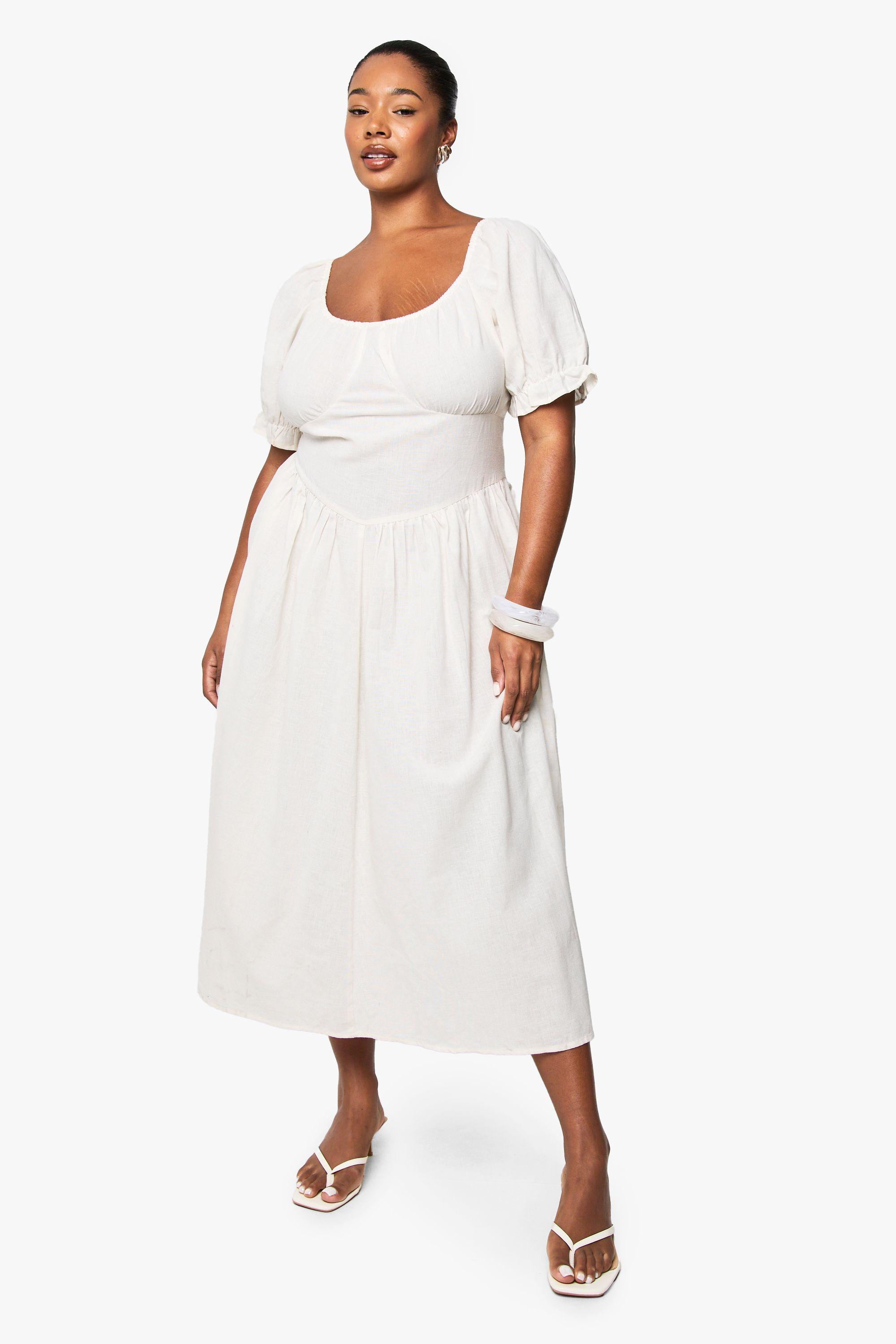 Plus Linen Look Puff Sleeve Midaxi Dress by BOOHOO