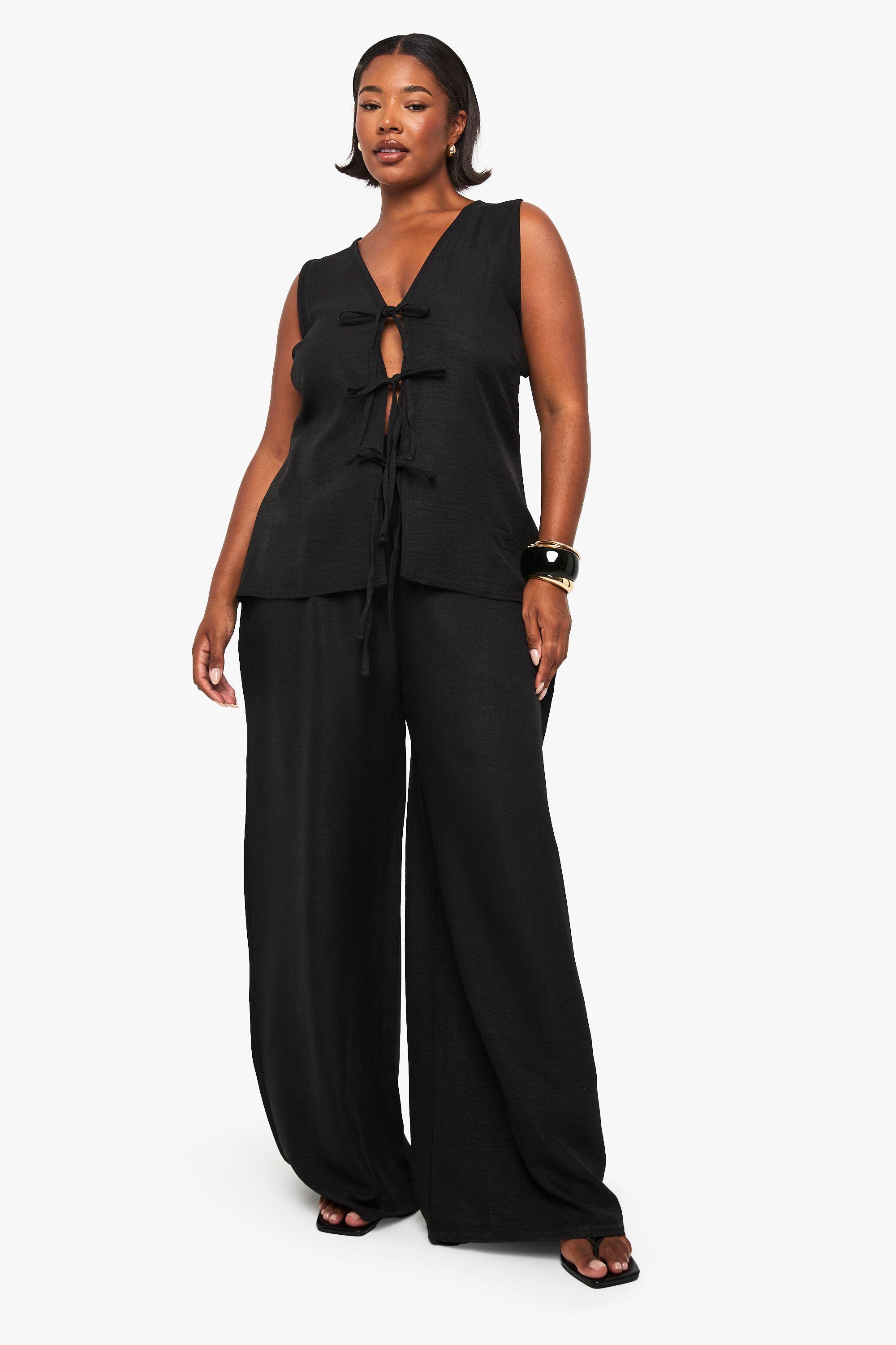 Plus Linen Look Tie Front Top And Wide Leg Trouser Co-Ord by BOOHOO
