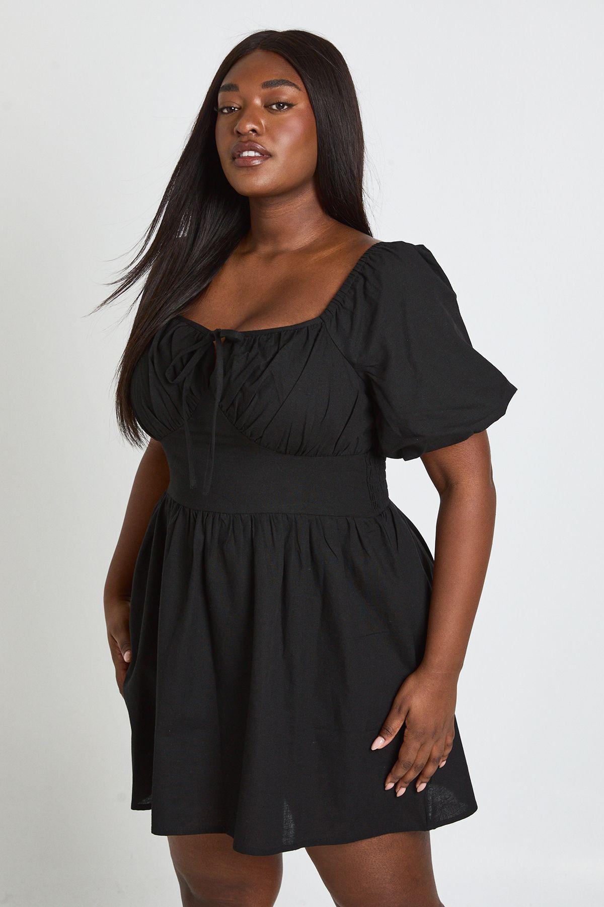 Plus Linen Look Volume Sleeve Mini Dress by BOOHOO