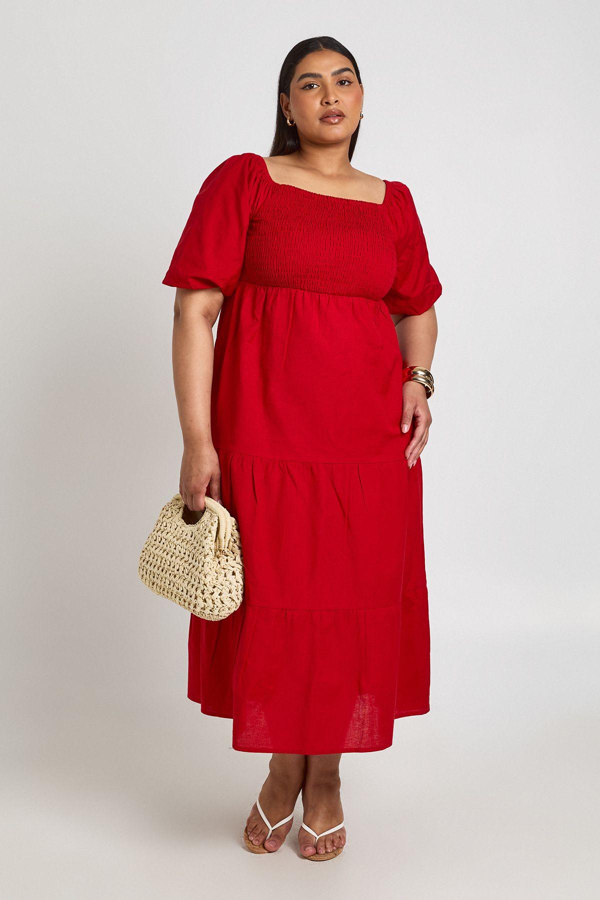 Plus Linen Look Volume Sleeve Tiered Midaxi Dress by BOOHOO