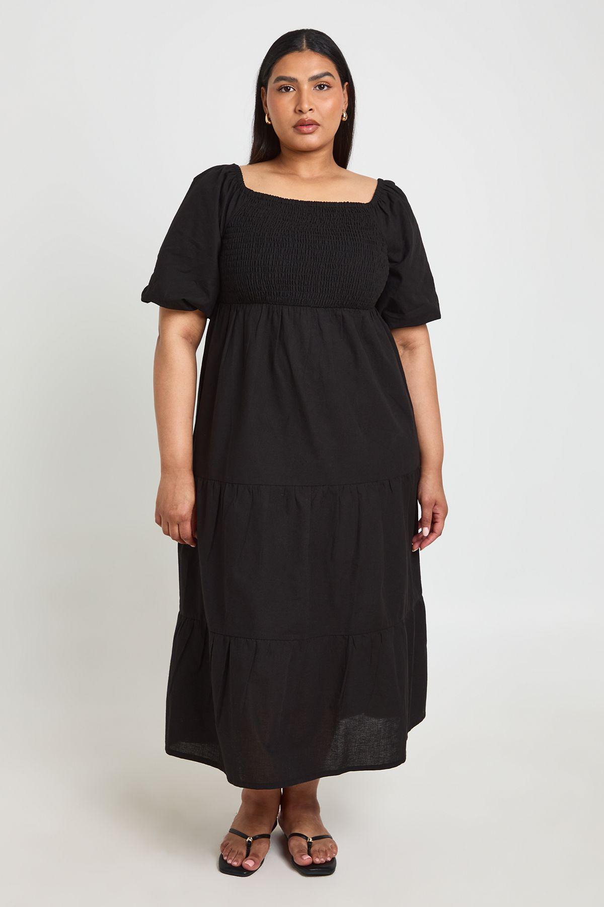 Plus Linen Look Volume Sleeve Tiered Midaxi Dress by BOOHOO