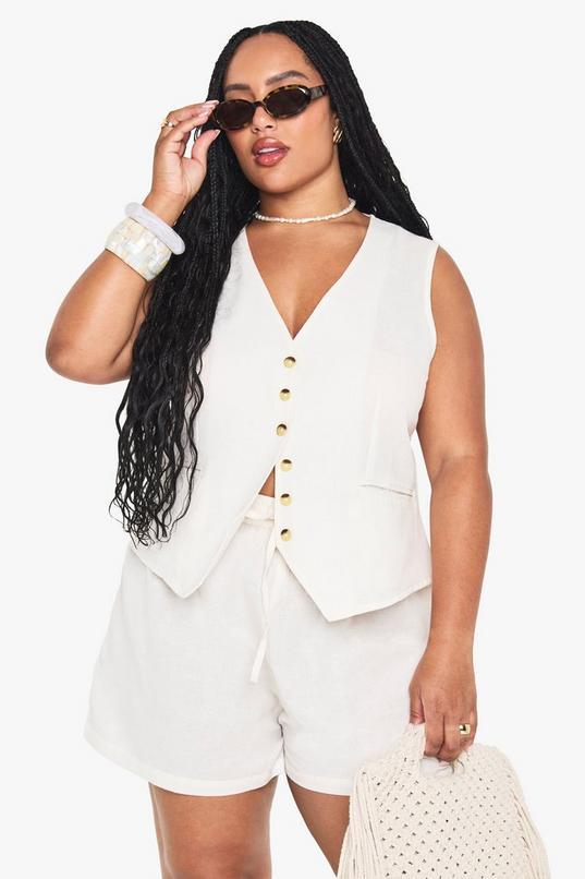 Plus Linen Look Waistcoat And Shorts Set by BOOHOO