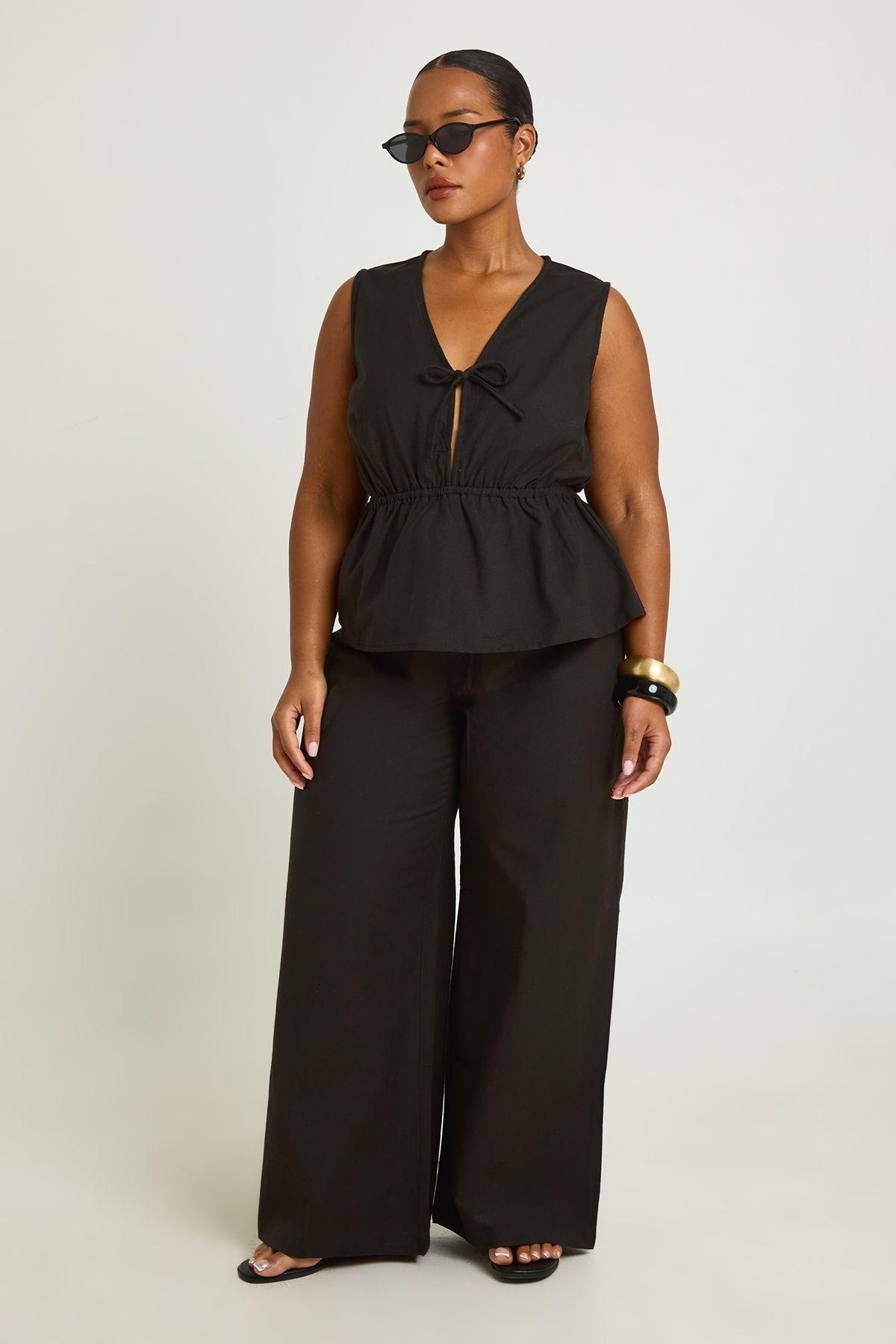 Plus Linen Tie Front Longline Top & Trouser Co Ord by BOOHOO
