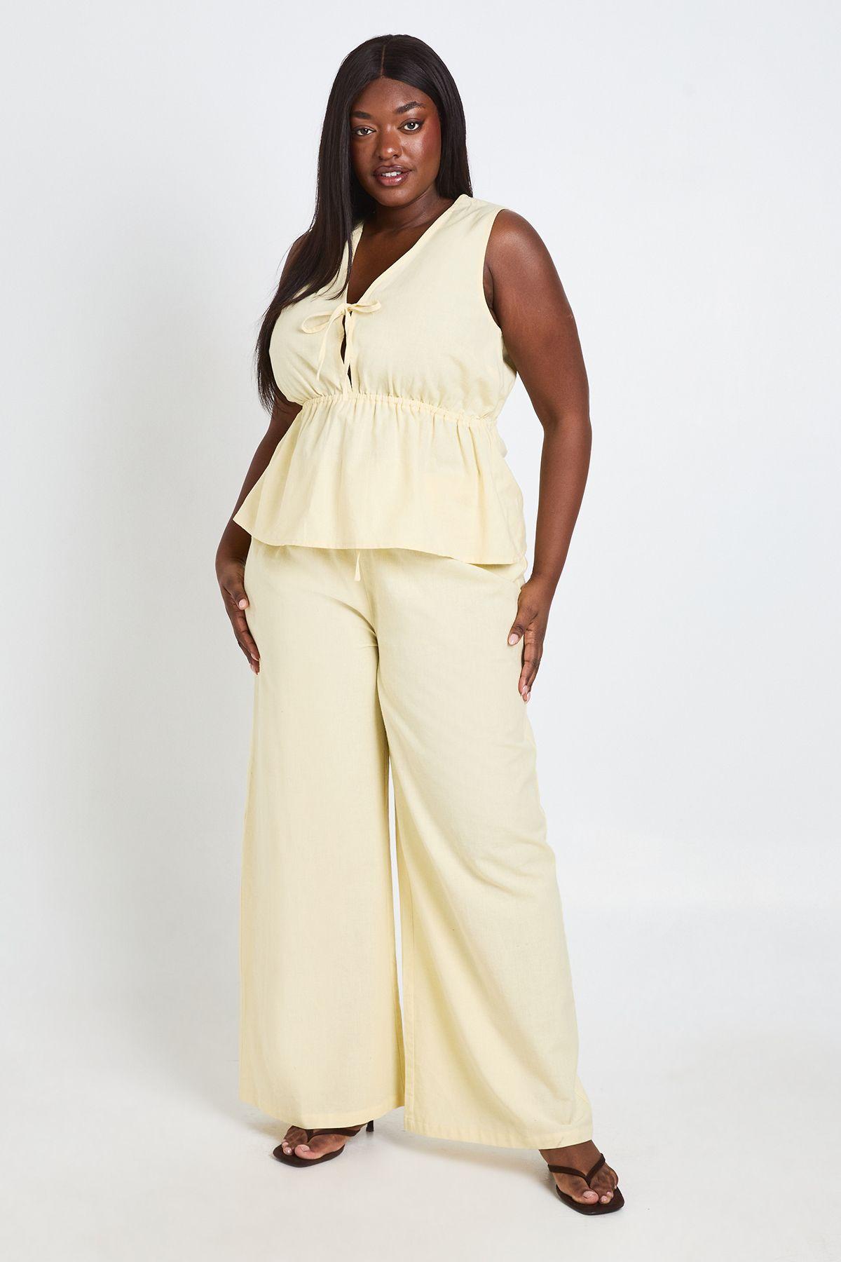 Plus Linen Tie Front Longline Top & Trouser Co Ord by BOOHOO