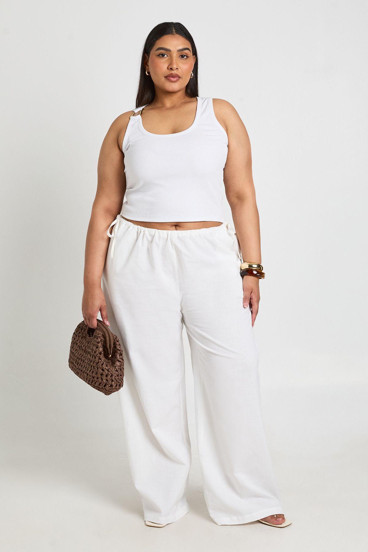 Plus Linen Tie Side Low Rise Wide Leg Trouser by BOOHOO
