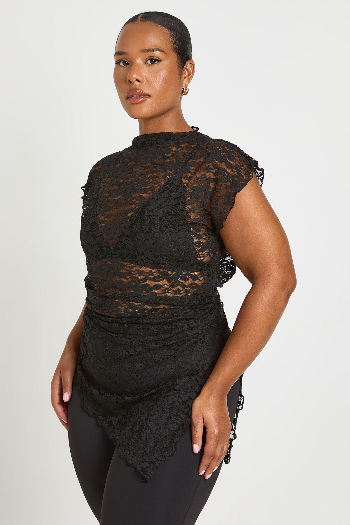 Plus Long Line Sheer Lace Asymmetric Top by BOOHOO