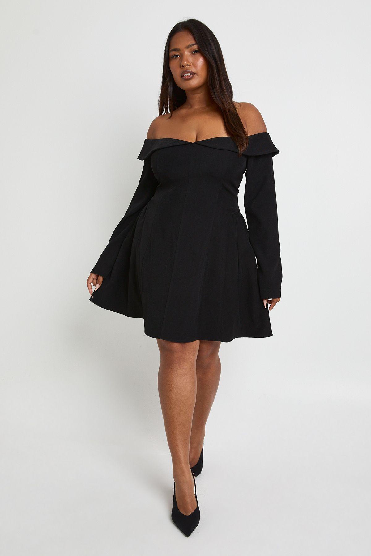 Plus Long Sleeve Bardot Structured Skater Dress by BOOHOO