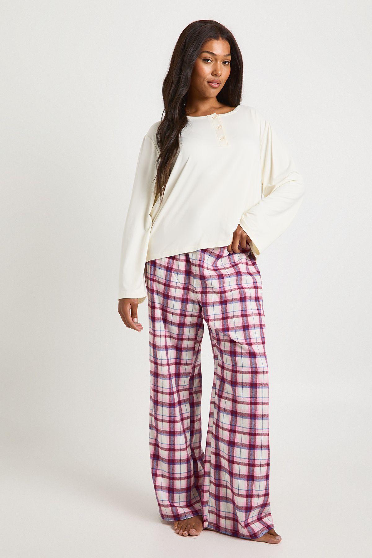 Plus Long Sleeve Button Top and Check Trouser Pyjama Set by BOOHOO