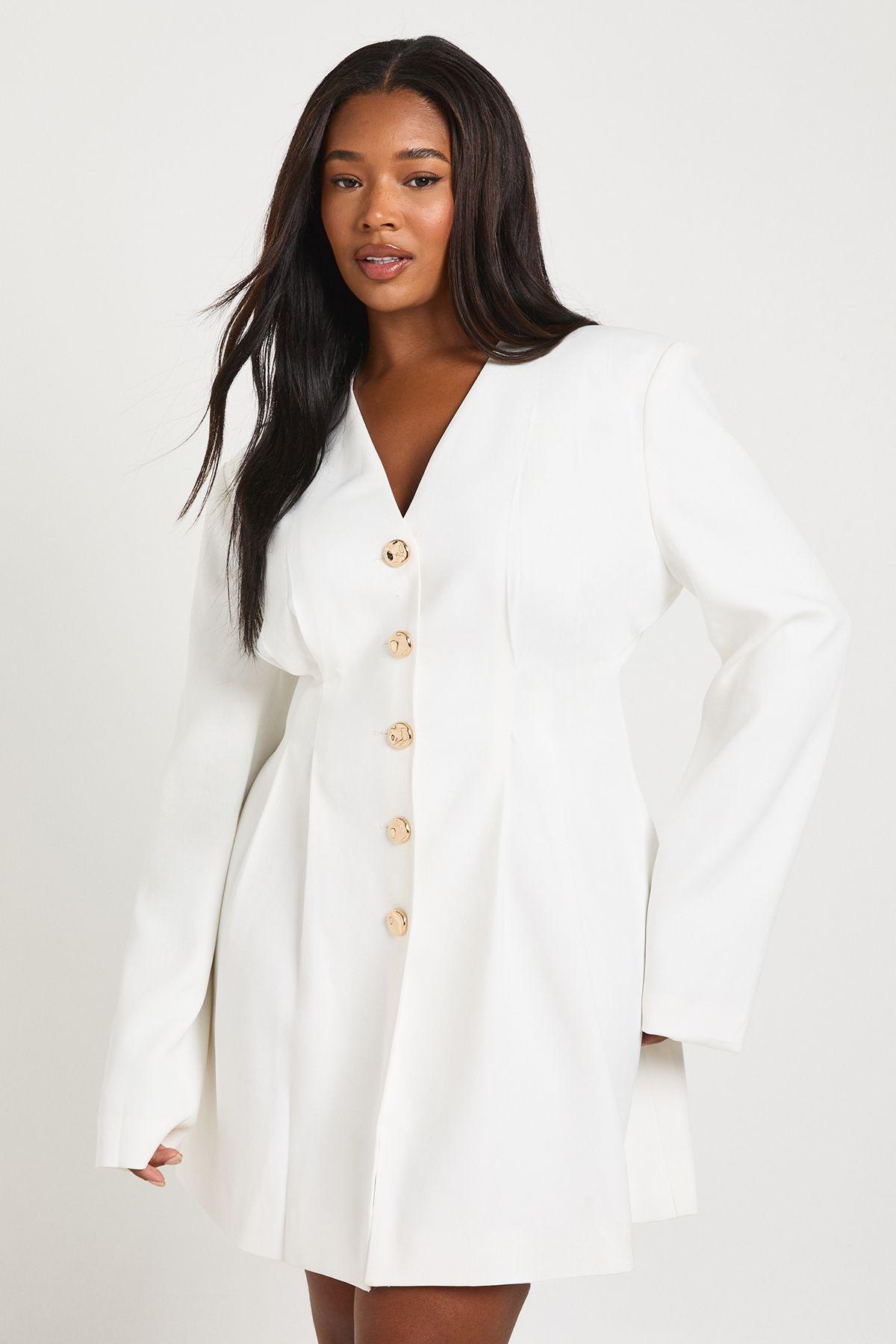 Plus Long Sleeve Collarless Tailored Mini Dress by BOOHOO