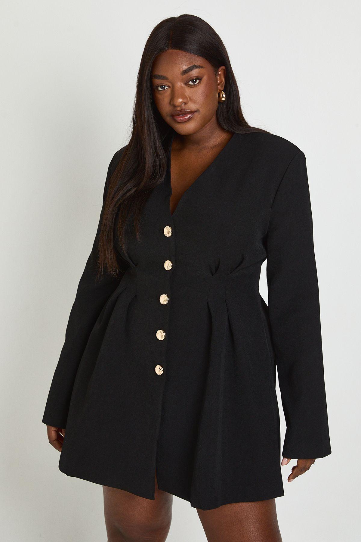 Plus Long Sleeve Collarless Tailored Mini Dress by BOOHOO