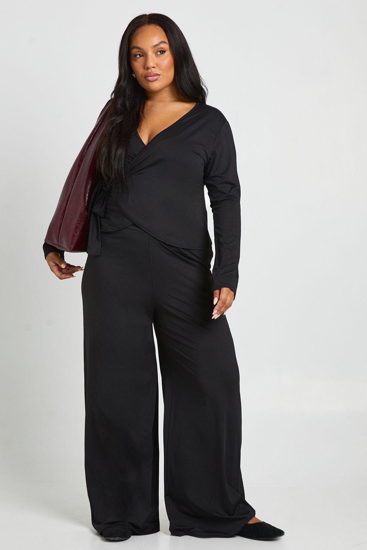 Plus Long Sleeve Deep V Neck Wrap Top And Wide Leg Trouser by BOOHOO