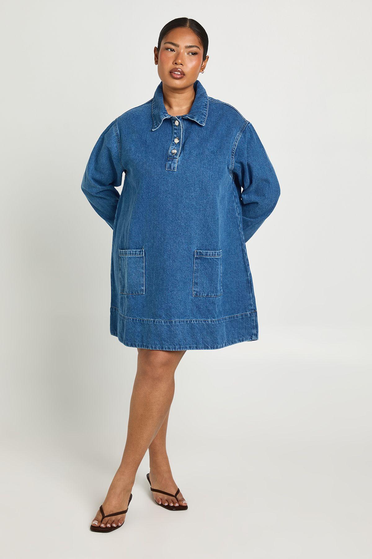Plus Long Sleeve Denim Dress by BOOHOO