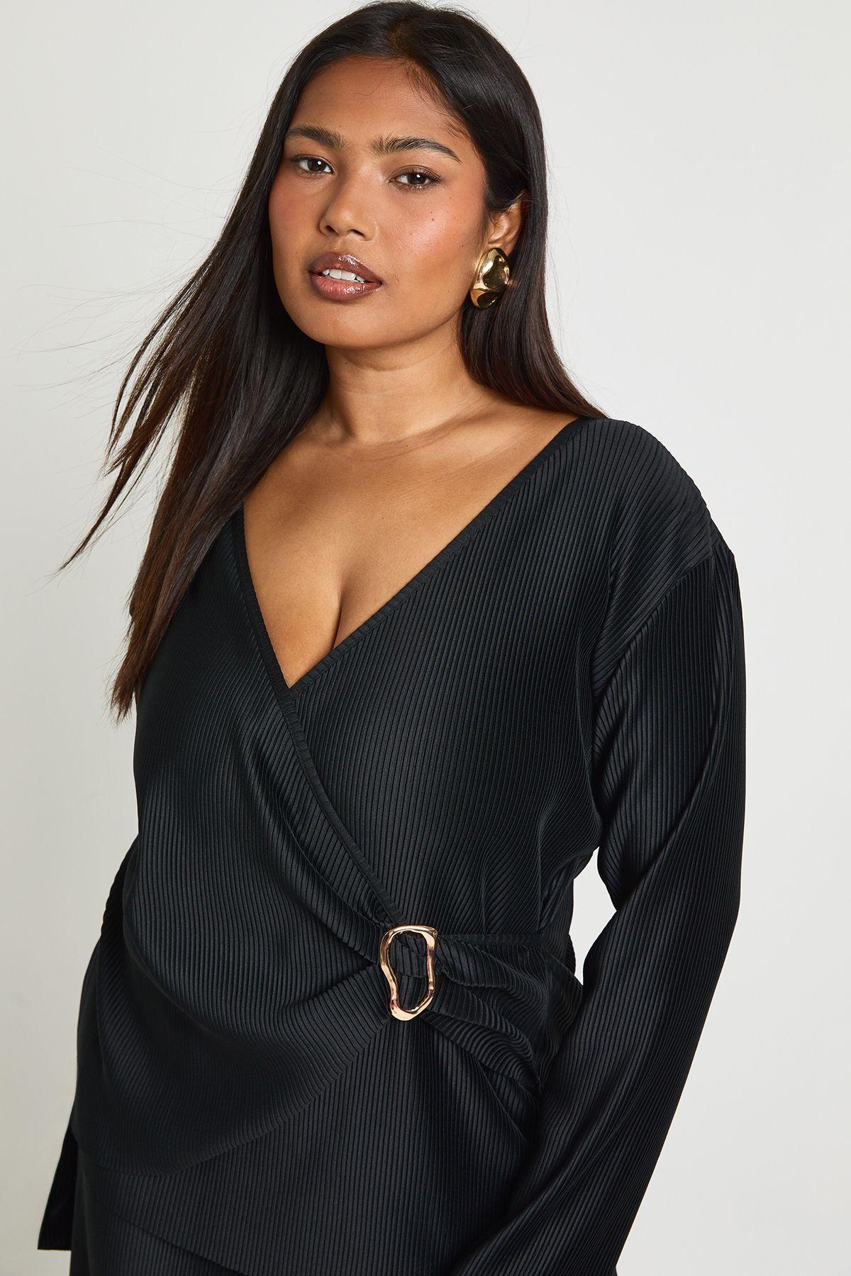 Plus Long Sleeve Gold Trim Detail Plisse Top by BOOHOO