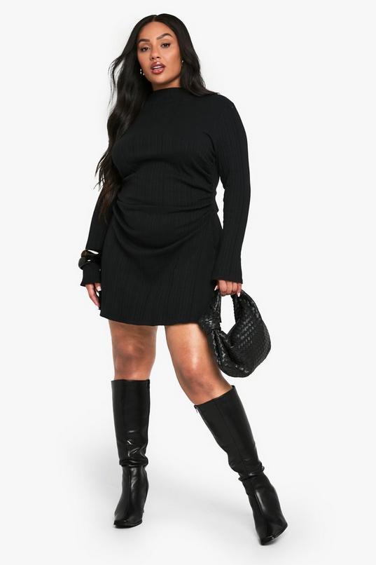Plus Long Sleeve Ruched Side High Neck Shift Dress by BOOHOO