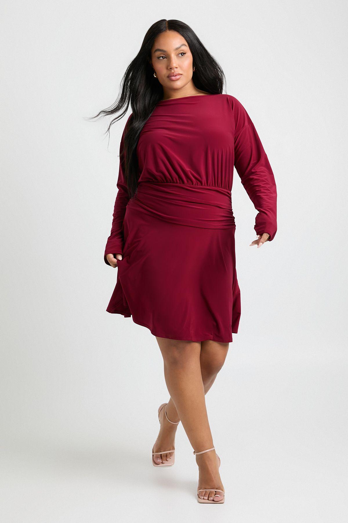 Plus Long Sleeve Ruched Side Waist Panel Skater Dress by BOOHOO