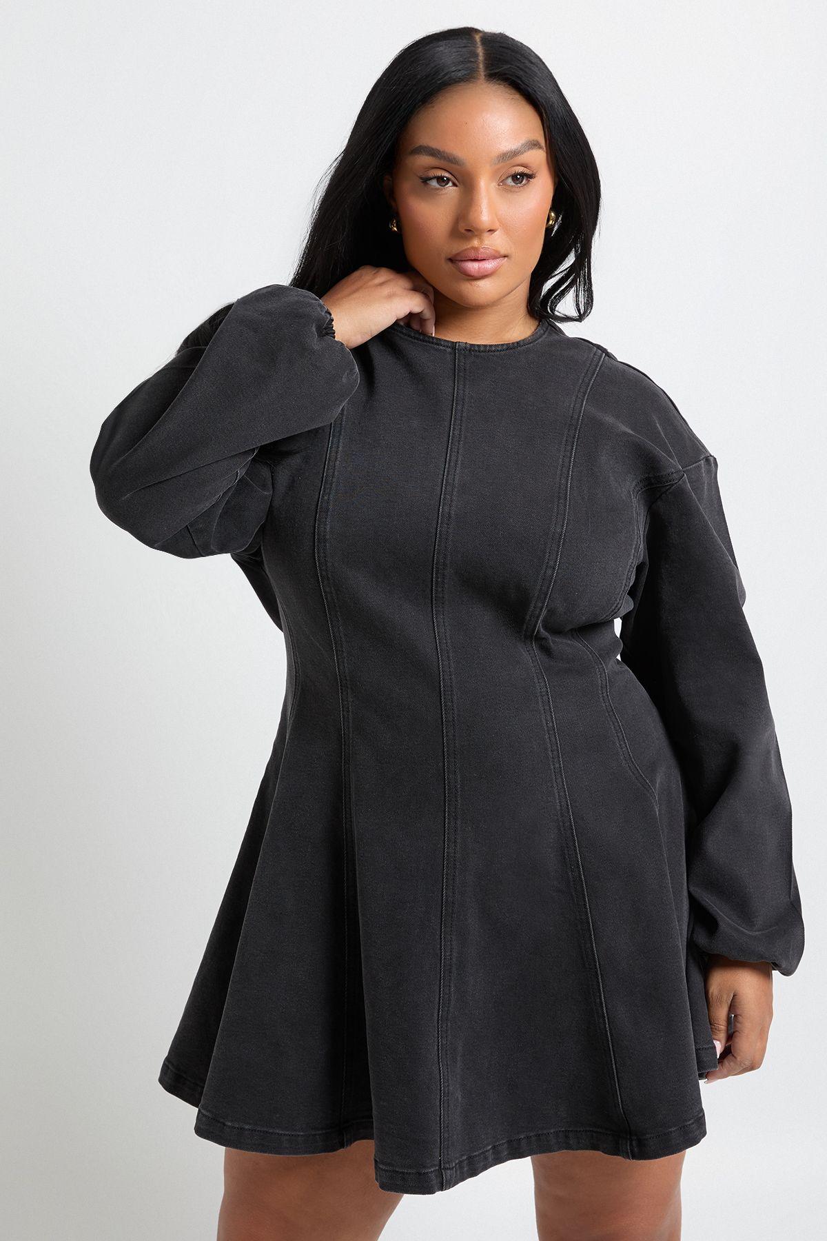 Plus Long Sleeve Seam Detail Denim Dress by BOOHOO