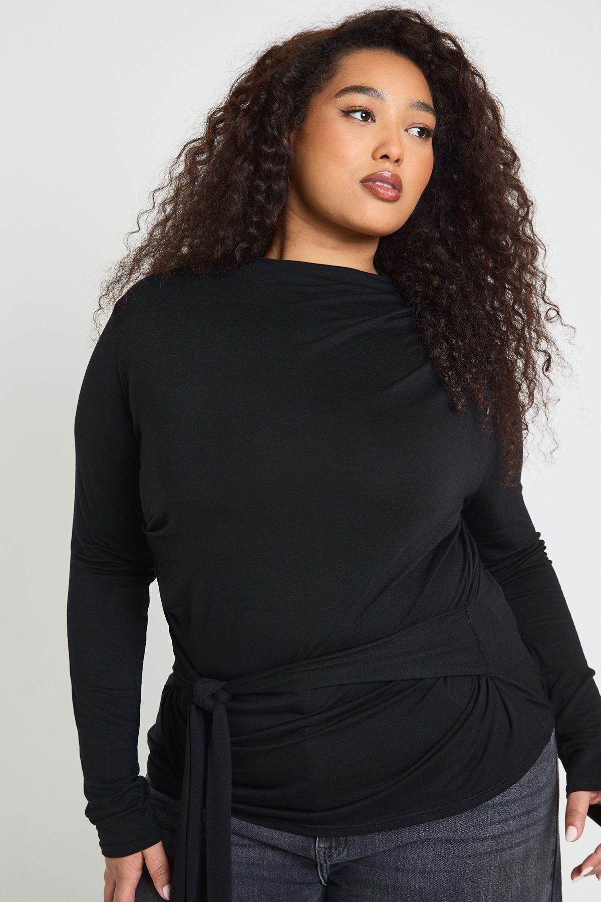 Plus Long Sleeve Tie Waist Top by BOOHOO