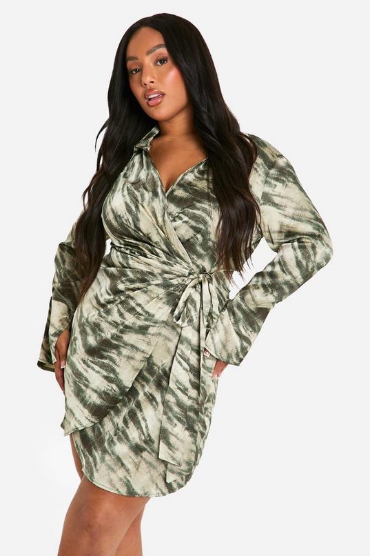 Plus Marble Print Wrap Shirt Dress by BOOHOO