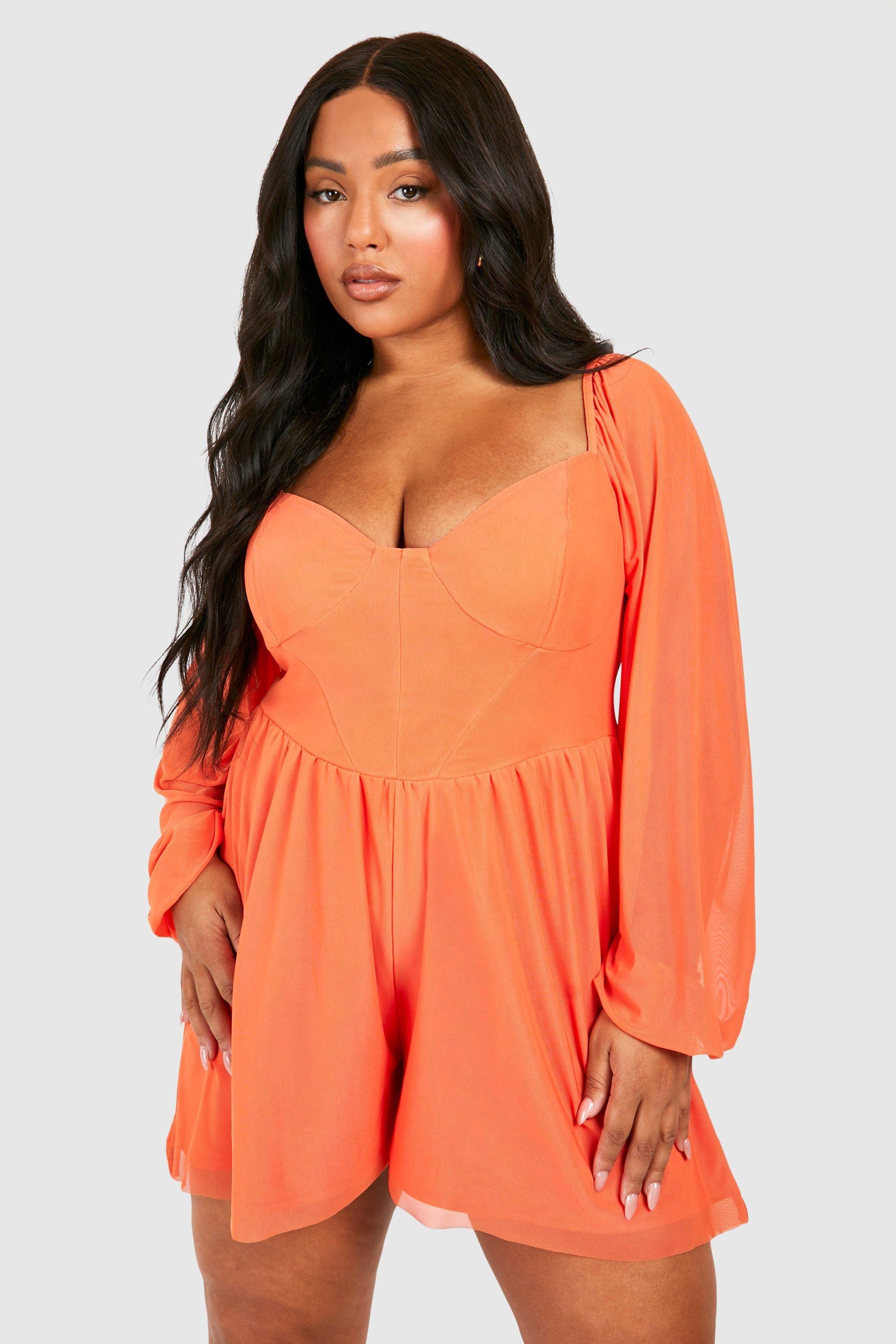 Plus Mesh Balloon Sleeve Corset Detail Floaty Playsuit by BOOHOO