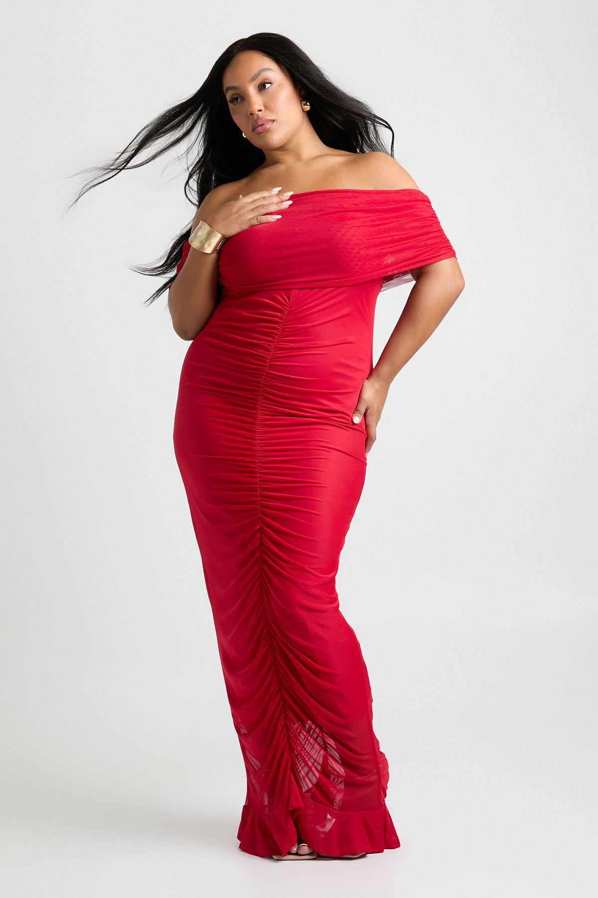 Plus Mesh Bardot Ruched Maxi Dress by BOOHOO