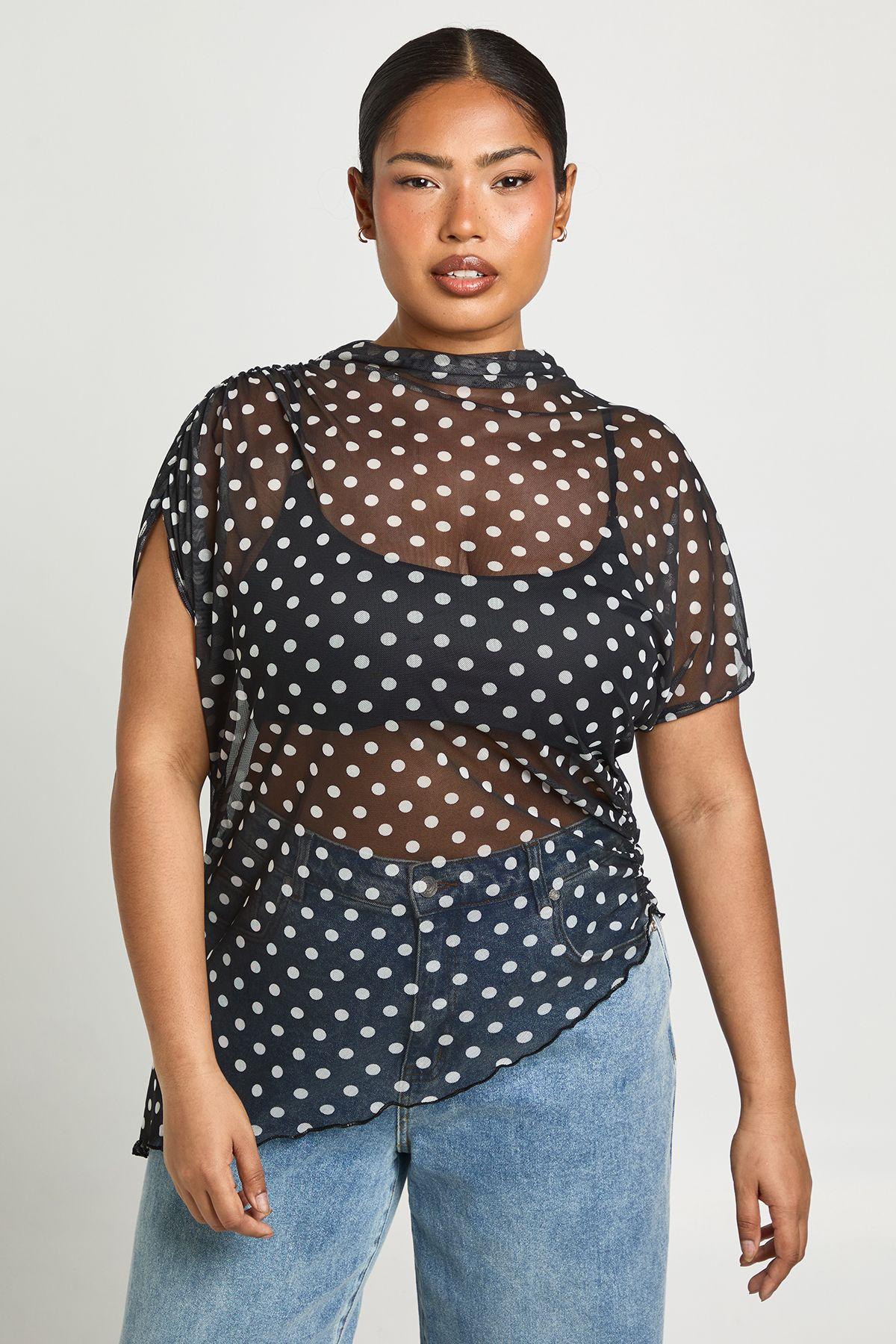 Plus Mesh Polka Dot High Neck Ruched Side Asymmetric Top by BOOHOO