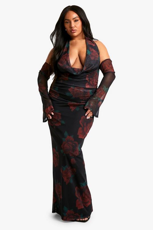 Plus Mesh Printed Cowl Neck Ruched Maxi Dress by BOOHOO