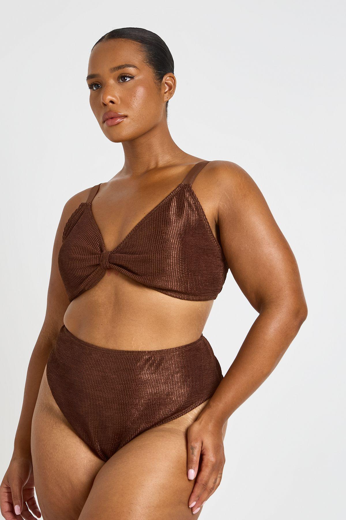 Plus Metallic Crinkle Knot Bikini Top & High Waist Bottom by BOOHOO
