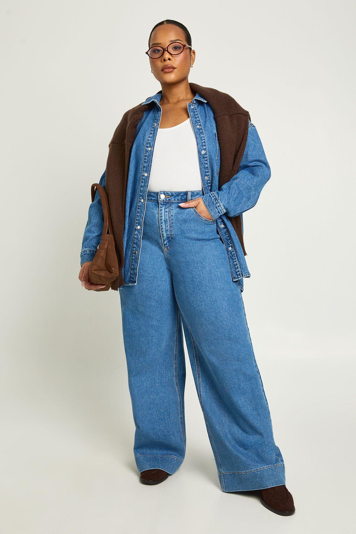Plus Mid Waist Deep Hem Wide Leg Jean by BOOHOO