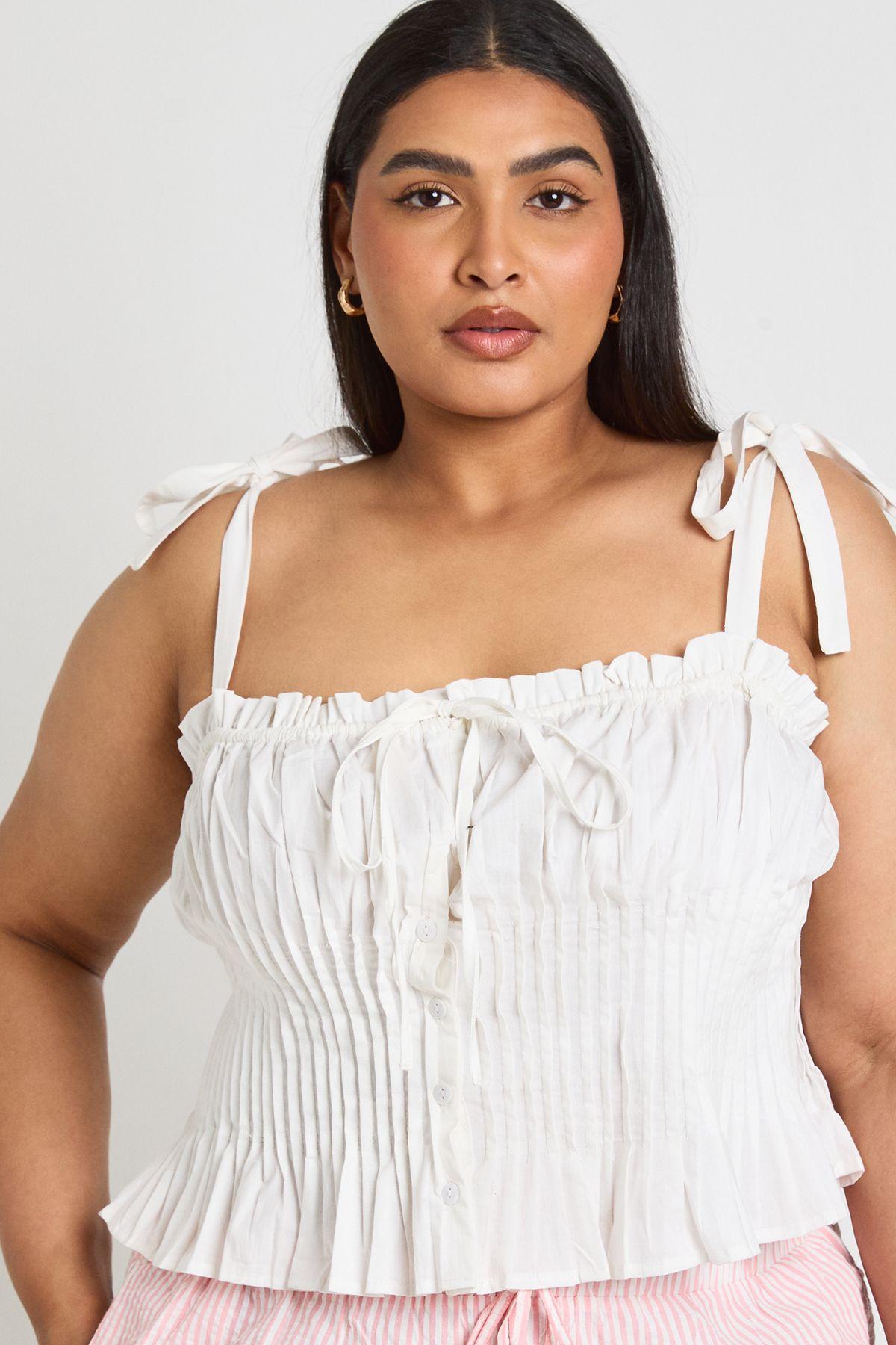 Plus Milkmaid Pleated Tie Shoulder Top by BOOHOO