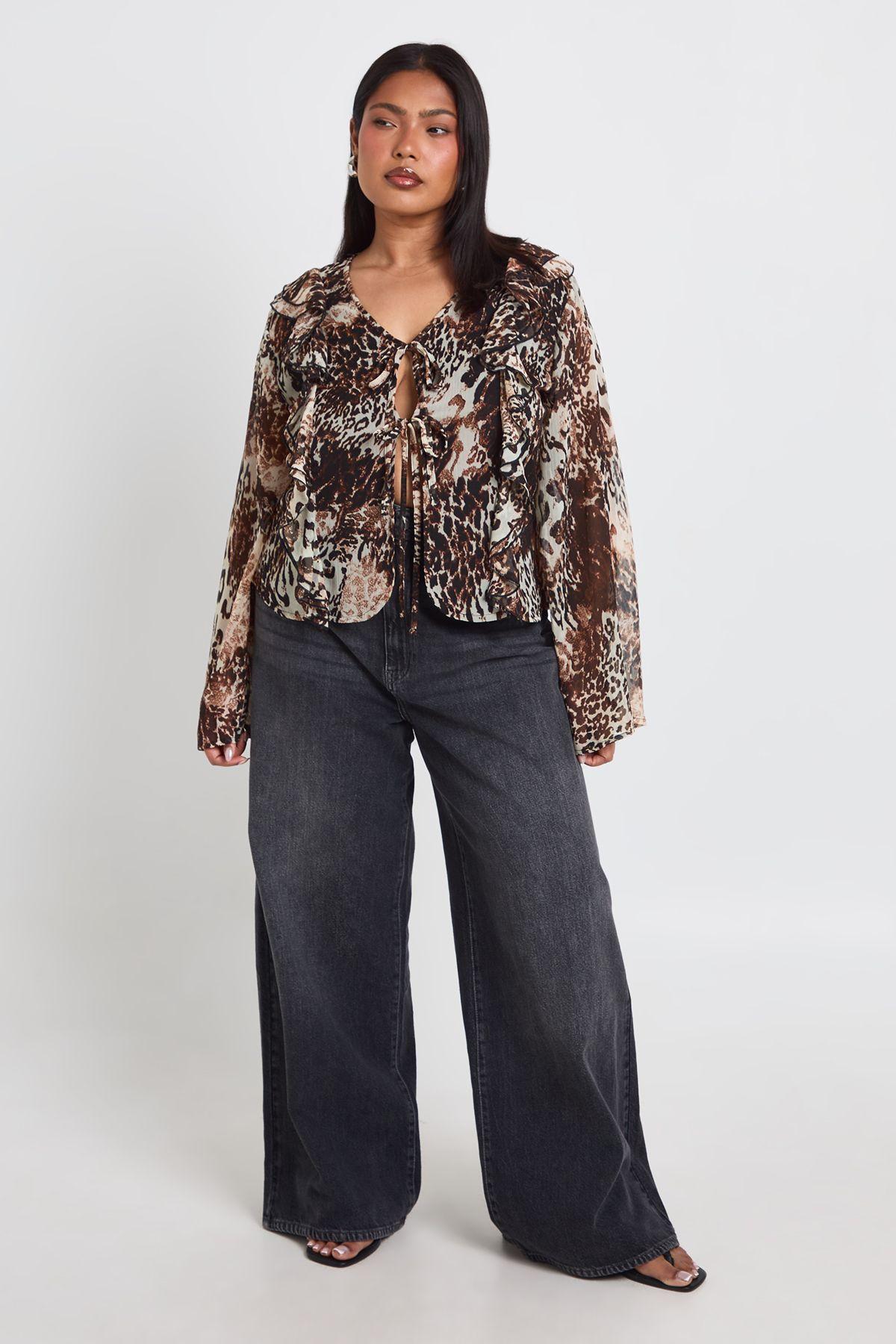 Plus Mixed Animal Chiffon Ruffle Tie Front Blouse by BOOHOO