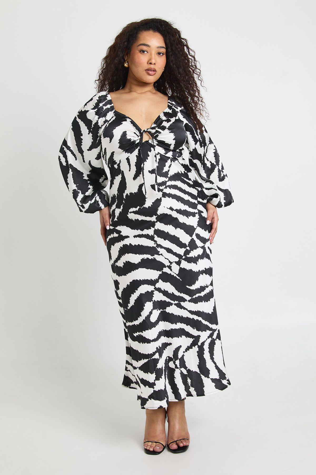 Plus Mixed Animal Volume Sleeve Satin Midaxi Dress by BOOHOO