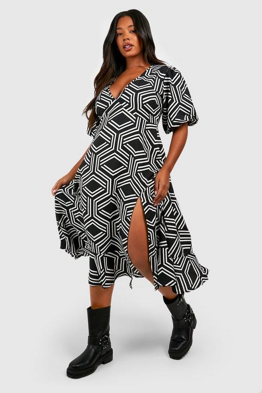 Plus Mono Print Midi Smock Dress by BOOHOO