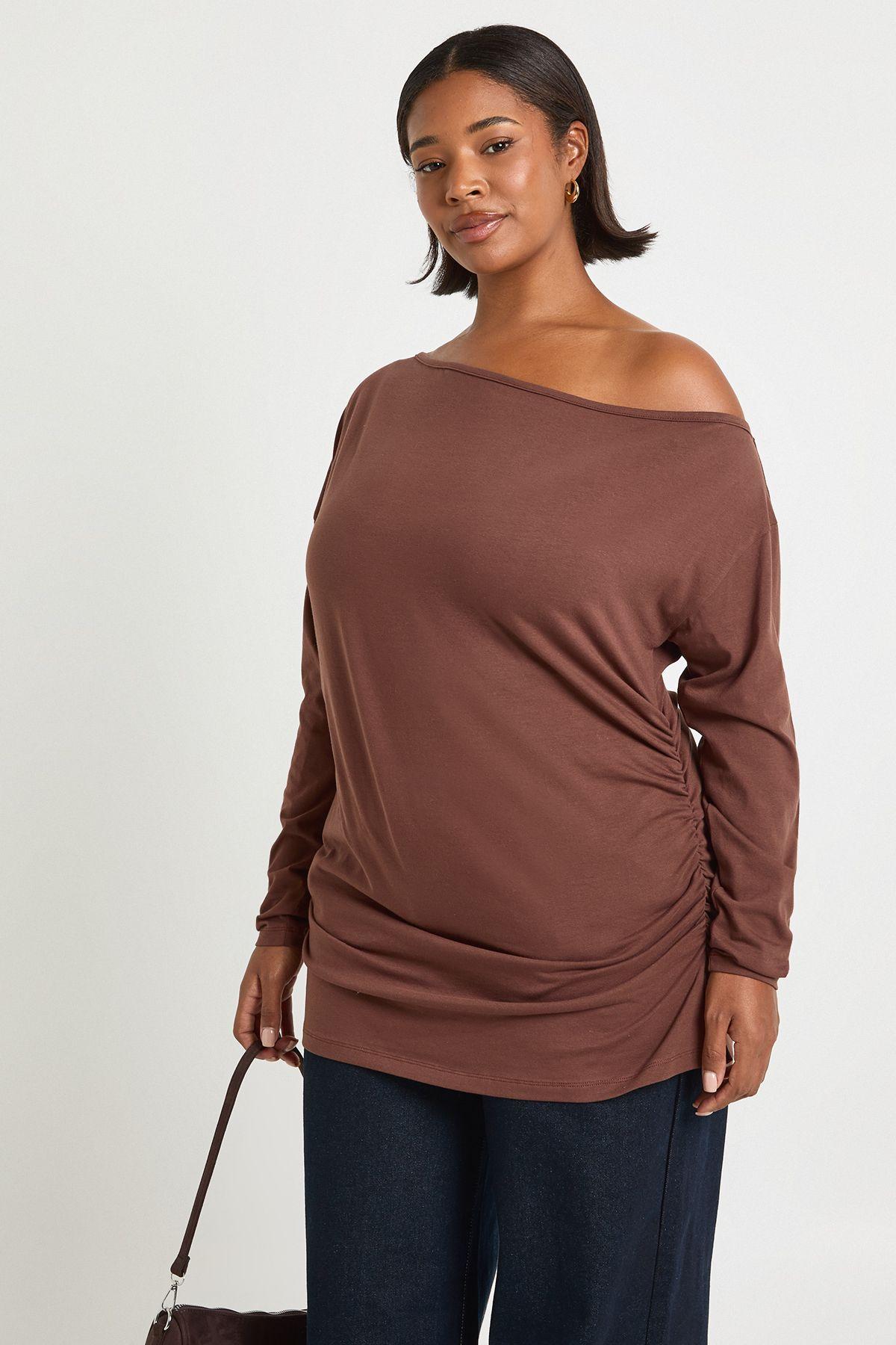 Plus Off The Shoulder Ruched Long Sleeve Top by BOOHOO