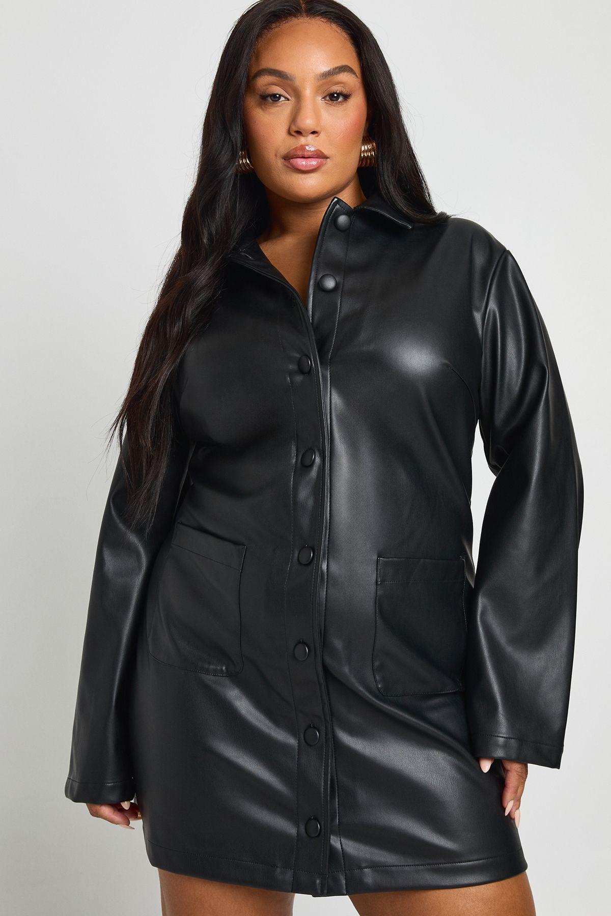 Plus PU Collared Long Sleeve Mini Dress by BOOHOO